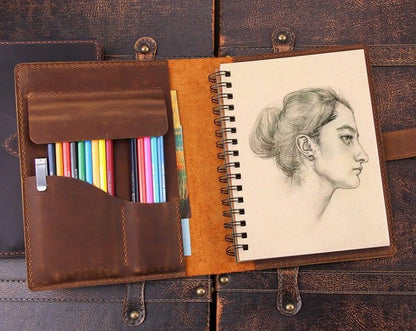 Personalized Leather Sketchbook Cover, Leather Artists gifts, Leather Artist Sketch Pad Cover for 5.5"x8.5", Notebook Cover, Artist Roll (Copy) - Hana Exports