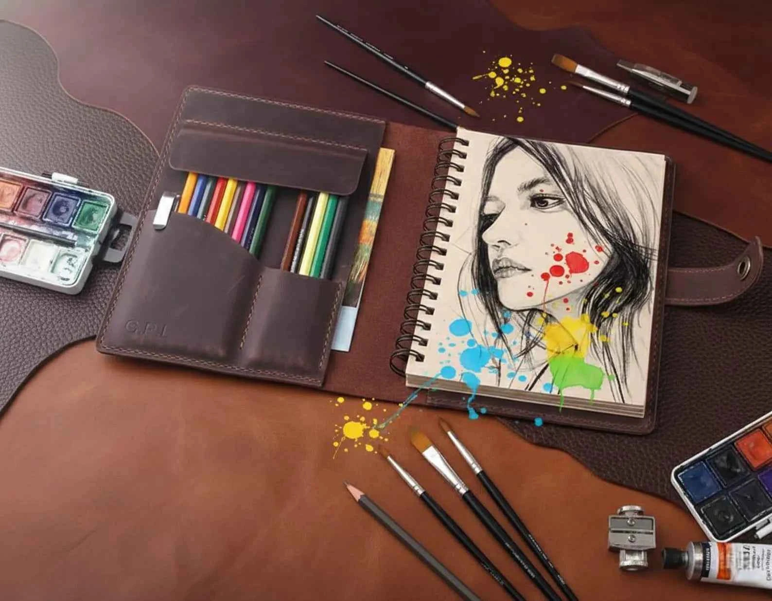 Personalized Leather Sketchbook Cover, Leather Artists gifts, Leather Artist Sketch Pad Cover for 5.5"x8.5", Notebook Cover, Artist Roll (Copy)