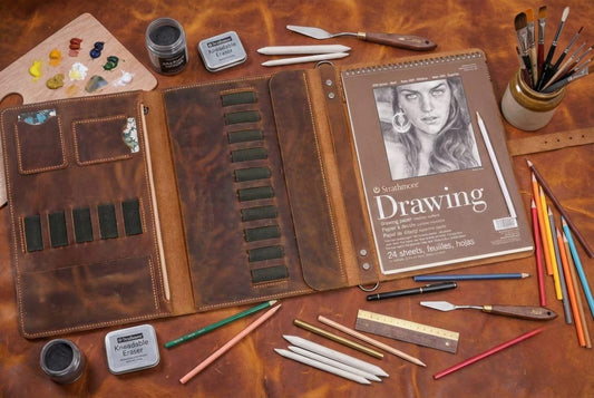 Leather sketchbook cover case for sketch pad 9 x 12 , Artist Drawing Sketch Pad Holder portfolio for 9"X12" Sketchbook