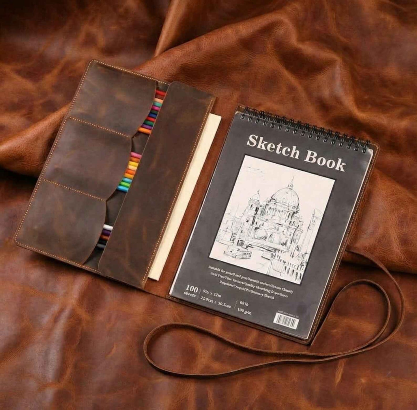Leather Sketchbook Sketch book Cover For 9x12 Top Spiral Sketch Pad, Artist Portfolio, unique gift for artist