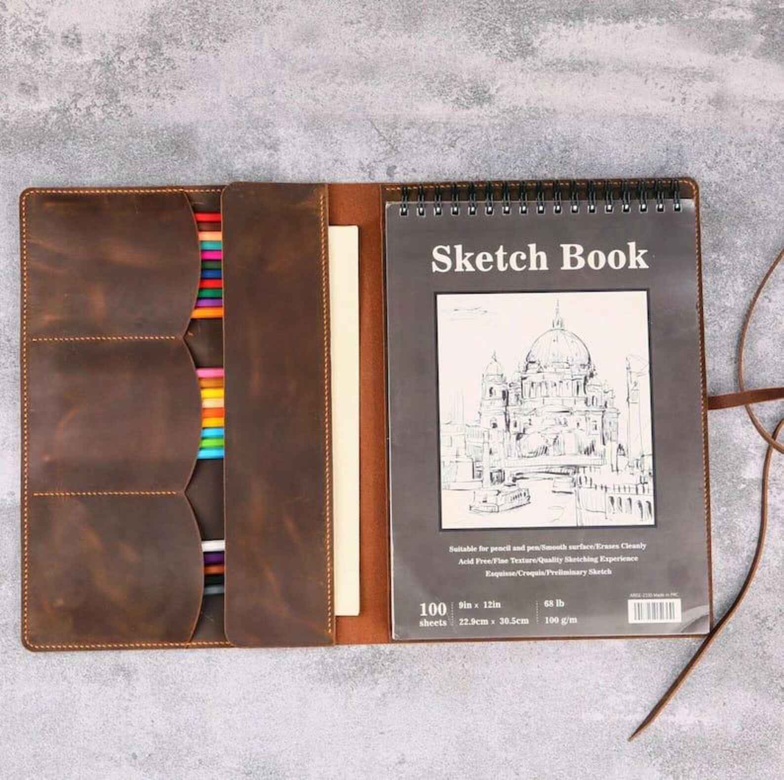 Leather Sketchbook Sketch book Cover For 9x12 Top Spiral Sketch Pad, Artist Portfolio, unique gift for artist
