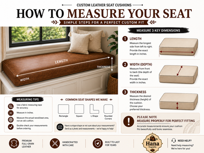 An infographic titled 'HOW TO MEASURE YOUR SEAT' explains how to measure leather seat cushions with labeled dimensions for length, width, and thickness. It includes a photo of a fitted leather seat cushion, measurement guides, common seat shapes, tips, and a Hana logo at the bottom.