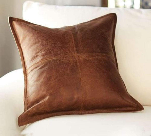 Handcrafted Brown Genuine Leather Pillow Cover – Premium Soft Leather Cushion Case for Rustic, Modern, and Luxury Home Decor – Perfect Accent for Living Room, Bedroom, or Office - Hana Exports