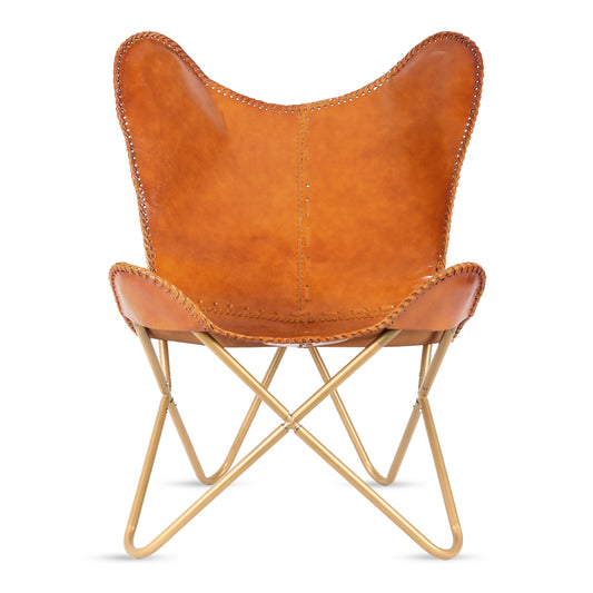 Leather Living Room Chairs-Butterfly Chair Brown Leather Butterfly Chair-Handmade with Powder Coated Folding Iron Frame (Cover with Folding Frame) (Black Frame) (Tan cover with gold frame) - Hana Exports