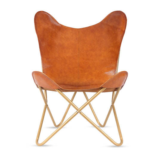 Leather Living Room Chairs-Butterfly Chair Brown Leather Butterfly Chair-Handmade with Powder Coated Folding Iron Frame (Cover with Folding Frame) (Black Frame) (Tan cover with gold frame) - Hana Exports