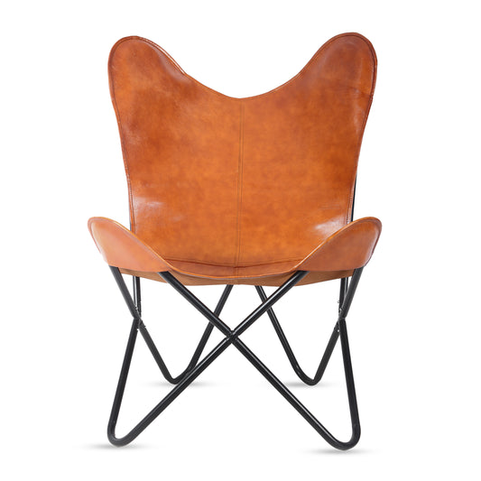 Leather Living Room Chairs-Butterfly Chair Brown Leather Butterfly Chair-Handmade with Powder Coated Folding Iron Frame (Cover with Folding Frame) (Black Frame) (Tan cover with gold frame) - Hana Exports