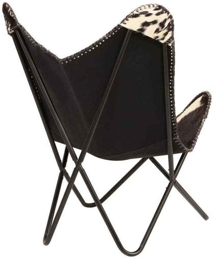Home Decor Genuine Goat Leather Butterfly Arm Chair with Black/Brown White Hair on Cover (Black and White with Black Frame)