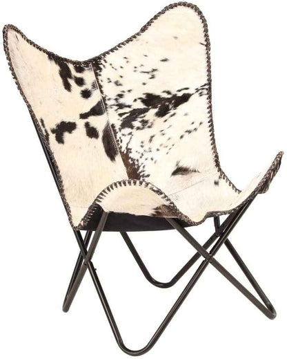 Home Decor Genuine Goat Leather Butterfly Arm Chair with Black/Brown White Hair on Cover (Black and White with Black Frame)
