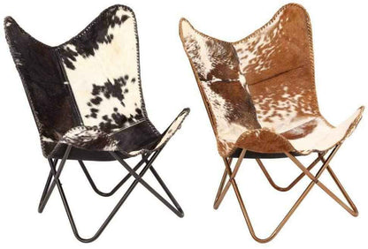 Home Decor Genuine Goat Leather Butterfly Arm Chair with Black/Brown White Hair on Cover (Black and White with Black Frame)