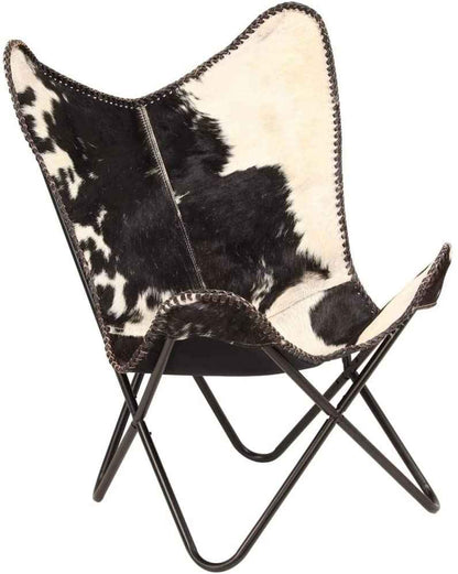 Home Decor Genuine Goat Leather Butterfly Arm Chair with Black/Brown White Hair on Cover (Black and White with Black Frame)