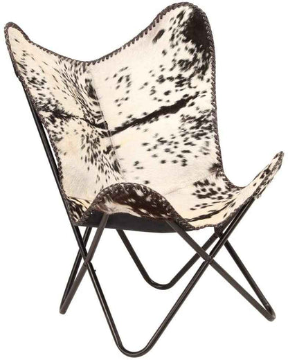 Home Decor Genuine Goat Leather Butterfly Arm Chair with Black/Brown White Hair on Cover (Black and White with Black Frame)