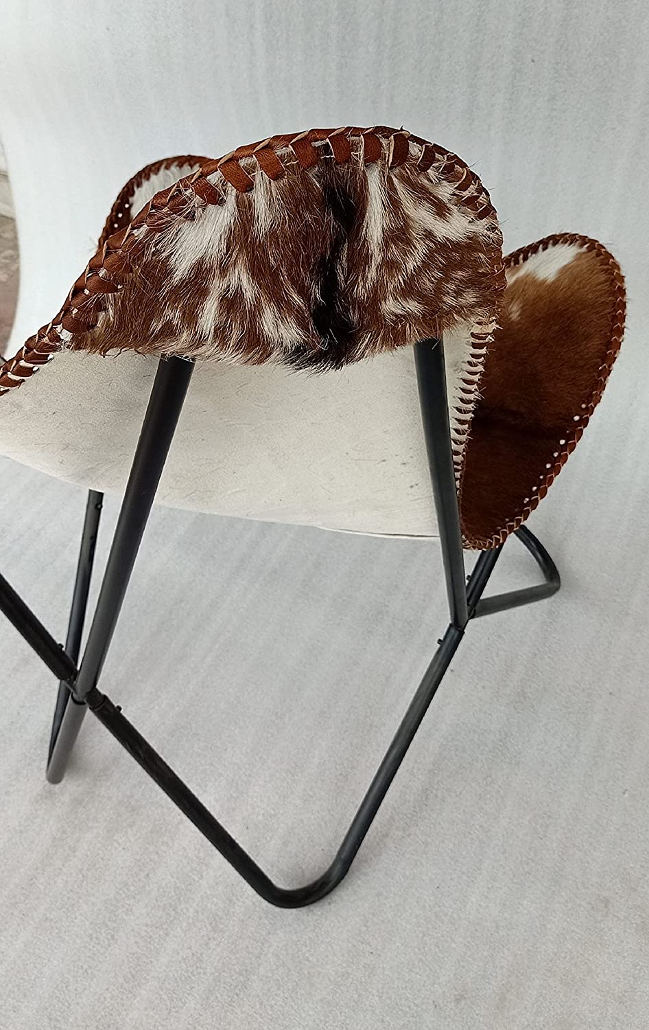 Handmade Leather Living Room Butterfly Chair Tan Side Hand Stitch Leather Butterfly Chair for Relaxing with Powder Coated Folding Iron Frame Vintage Arm Chair Home Décor (Hairon White & Brown) - Hana Exports