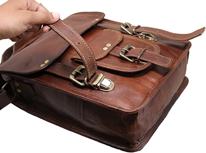 Small Vintage Leather Crossbody Satchel Messenger Bag (11") - Hana Exports