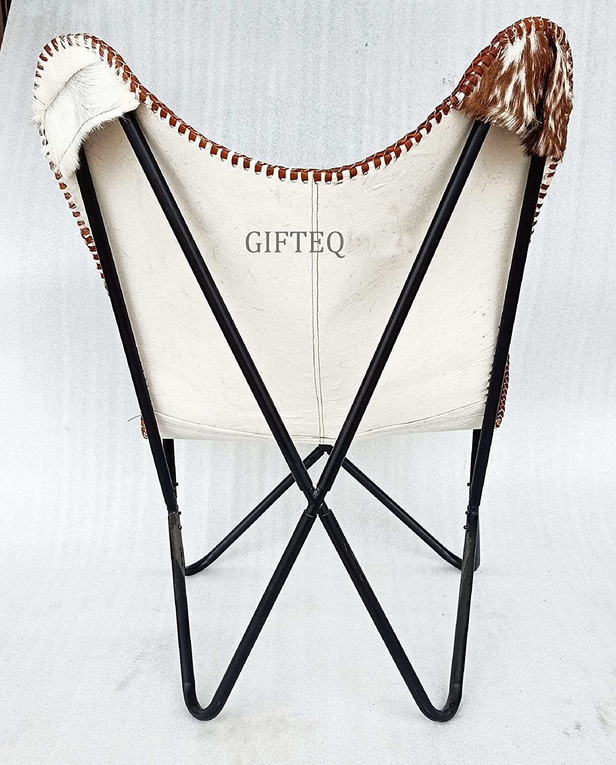 Handmade Leather Living Room Butterfly Chair Tan Side Hand Stitch Leather Butterfly Chair for Relaxing with Powder Coated Folding Iron Frame Vintage Arm Chair Home Décor (Hairon White & Brown) - Hana Exports
