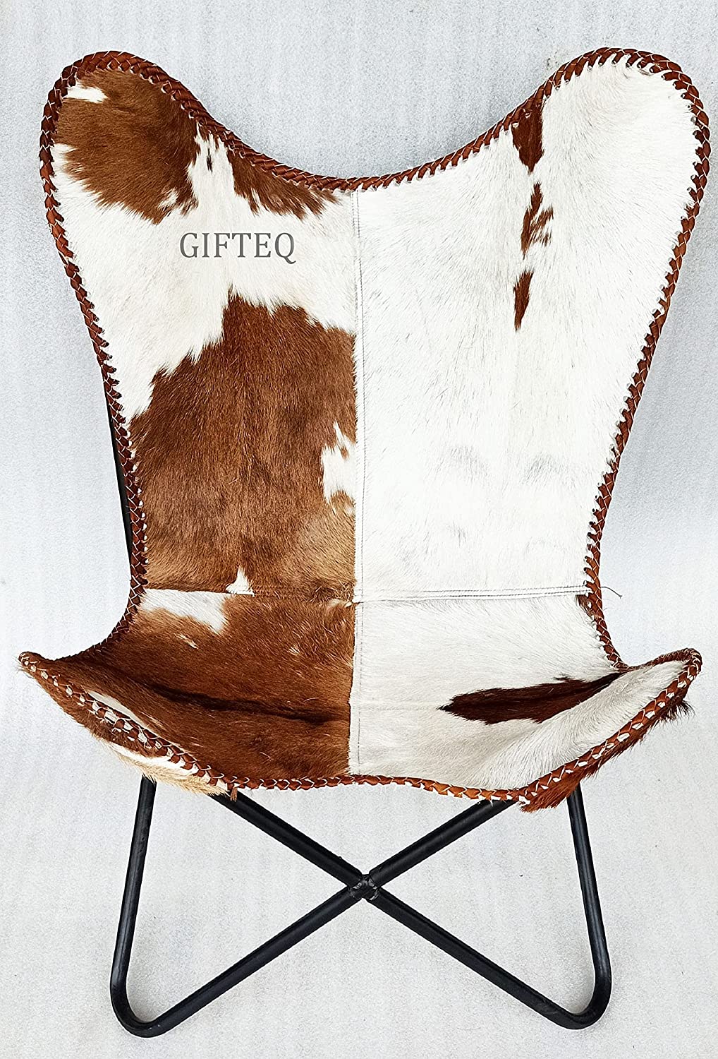 Handmade Leather Living Room Butterfly Chair Tan Side Hand Stitch Leather Butterfly Chair for Relaxing with Powder Coated Folding Iron Frame Vintage Arm Chair Home Décor (Hairon White & Brown) - Hana Exports