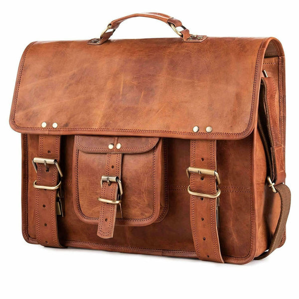 Genuine Brown Leather Crossbody Vintage Satchel Laptop Bag (15") - Hana Exports