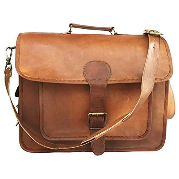 Men's Handmade Vintage Brown Goat Leather Laptop Briefcase (15") - Hana Exports