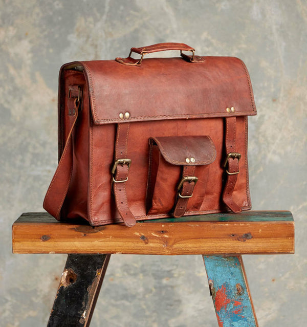 Genuine Brown Leather Crossbody Vintage Satchel Laptop Bag (15") - Hana Exports