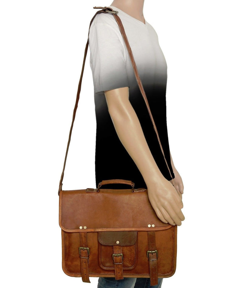 Genuine Brown Leather Crossbody Vintage Satchel Laptop Bag (15") - Hana Exports