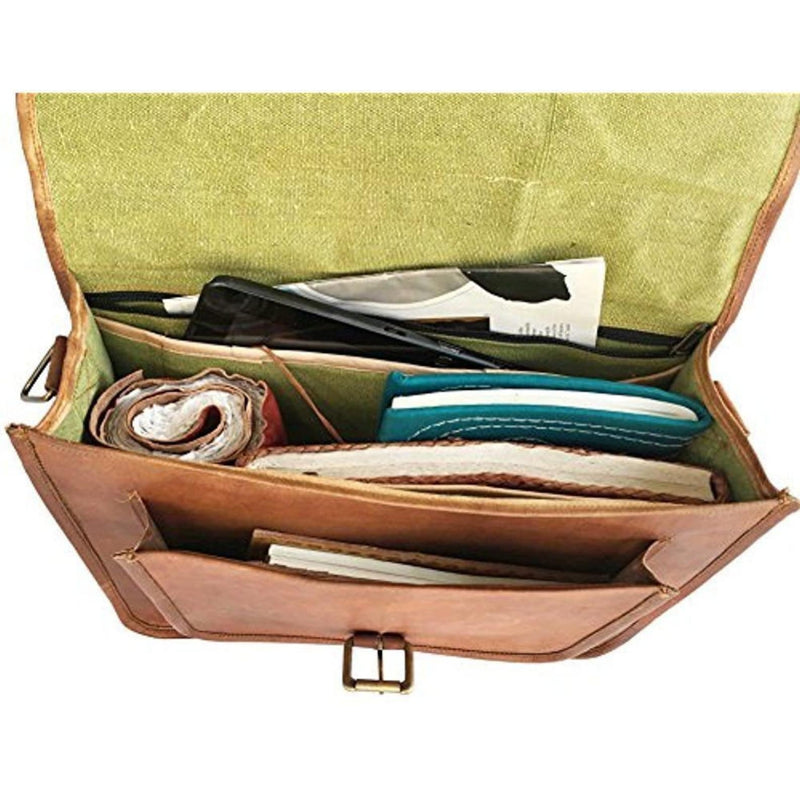 Men's Handmade Vintage Brown Goat Leather Laptop Briefcase (15") - Hana Exports