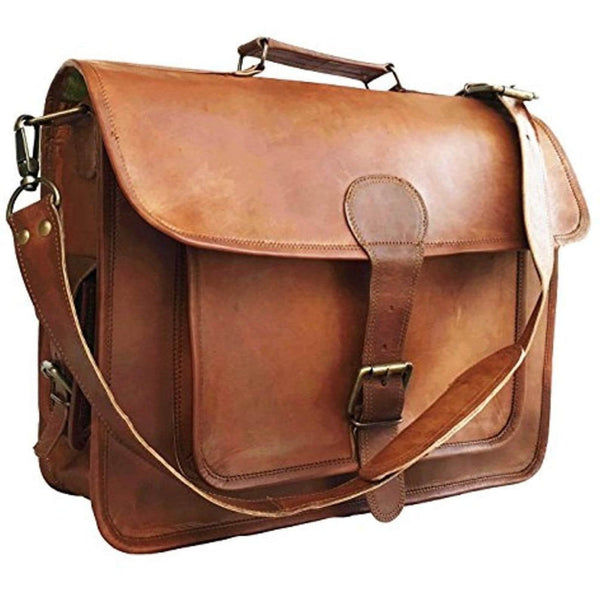 Men's Handmade Vintage Brown Goat Leather Laptop Briefcase (15") - Hana Exports