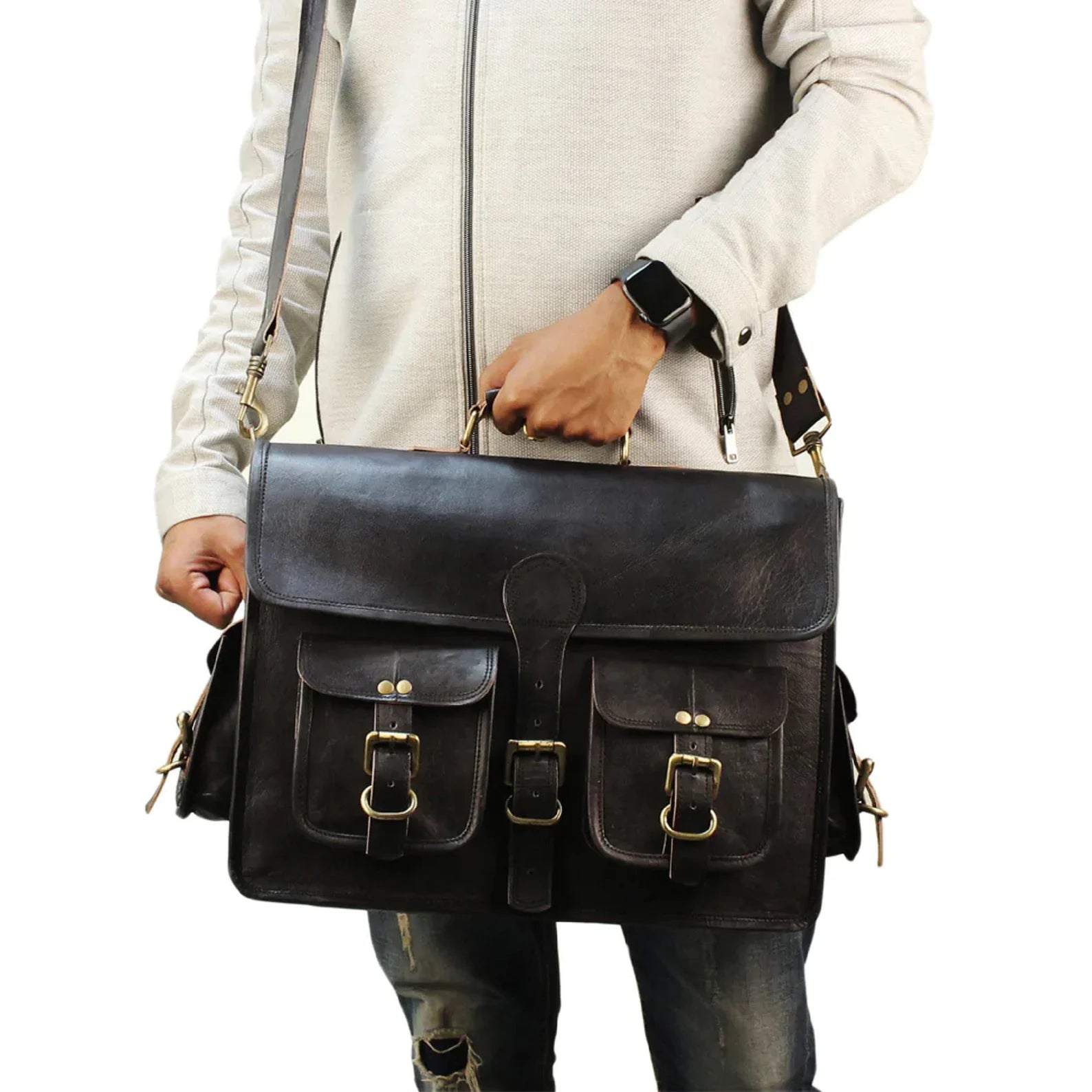 Black Handmade Vintage Genuine Leather Messenger Bag (18") - Hana Exports