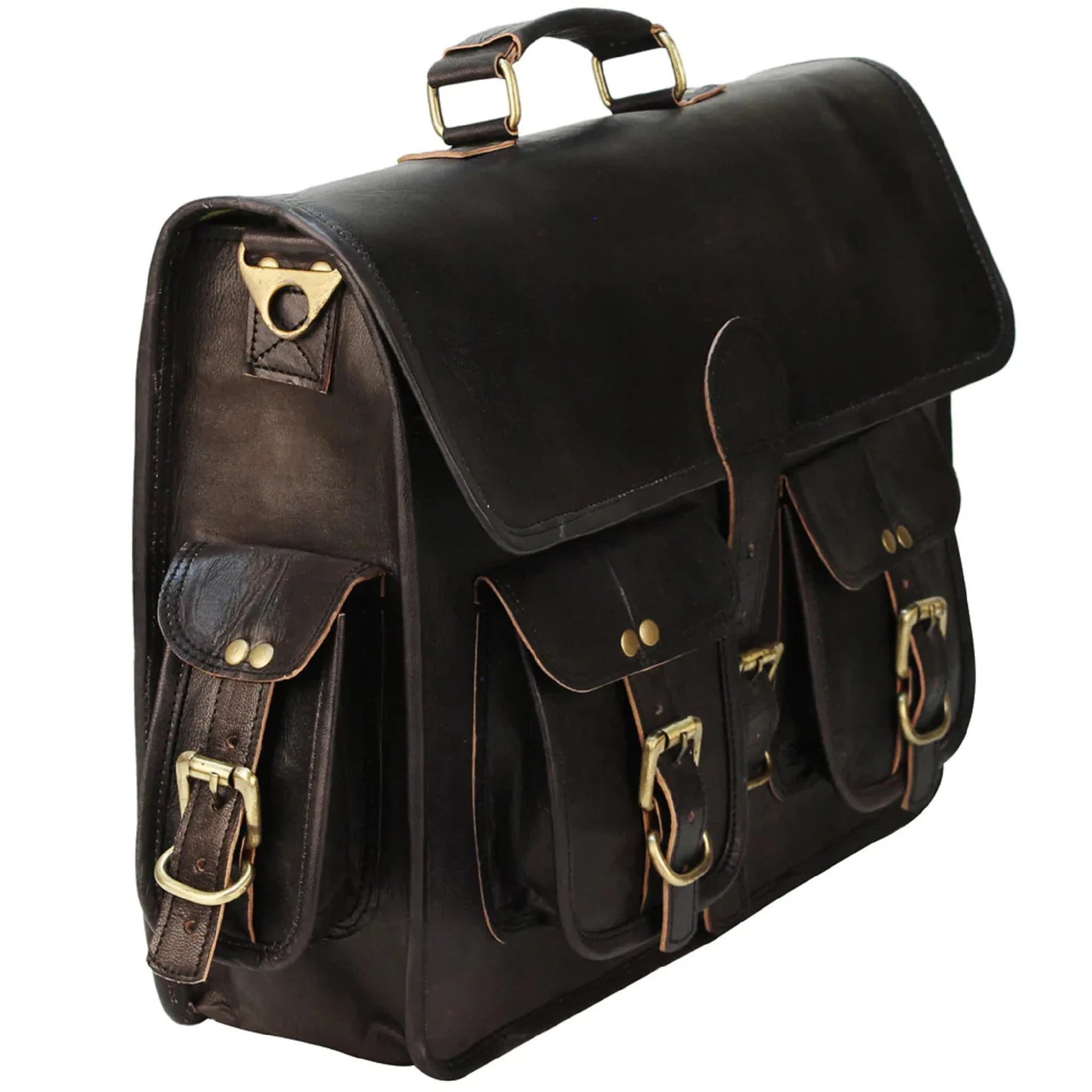 Black Handmade Vintage Genuine Leather Messenger Bag (18") - Hana Exports