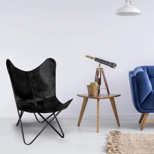 Leather Butterfly Chair From Arm Accent Cowhide Vintage Folding Chair Modern Sling Cover Frame Bkf Black Chair For Adults - 33X29X26 - Black - Hana Exports
