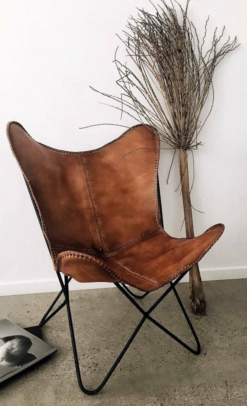 Retro Handmade Leather Butterfly Chair, Handmade Chair, foldable chair - Hana Exports